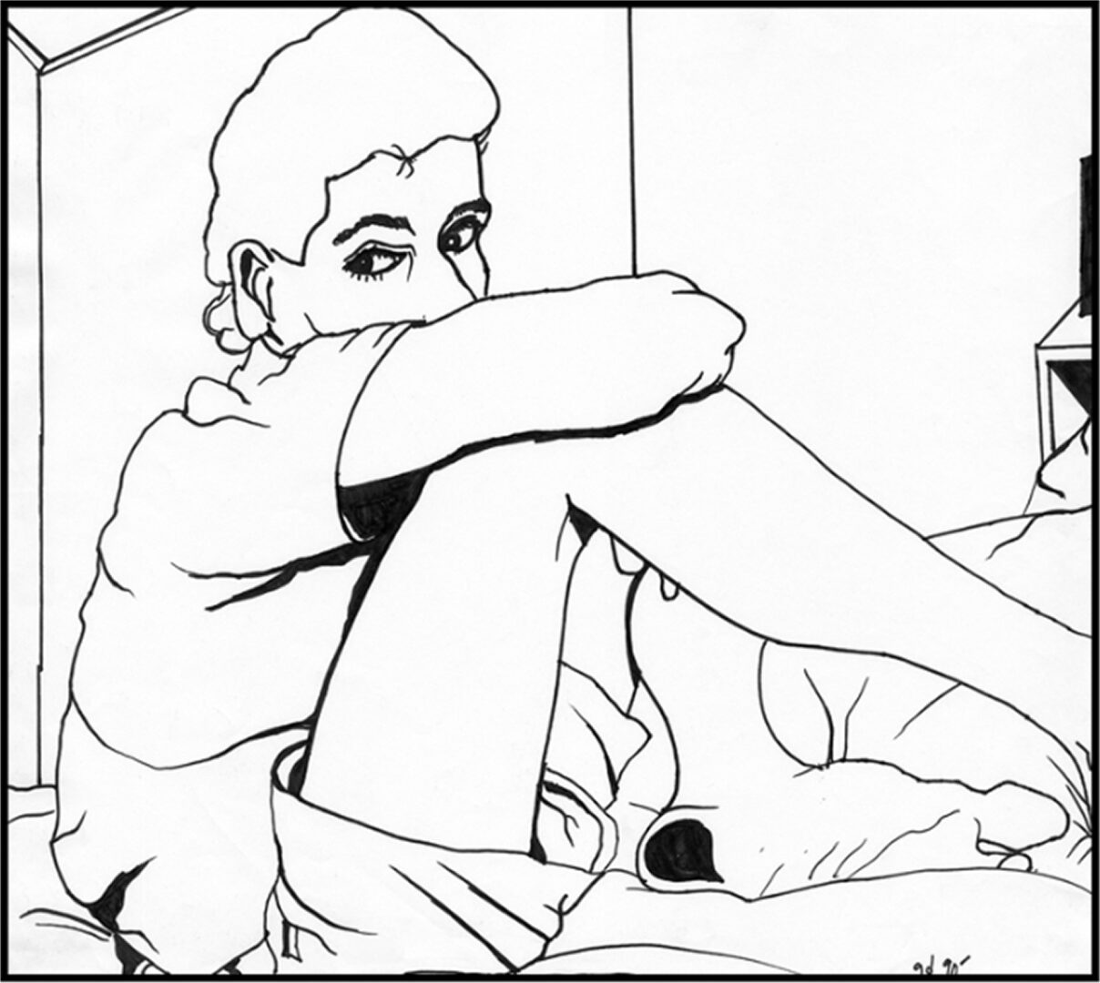 Sketch of person embracing knees on bed.
